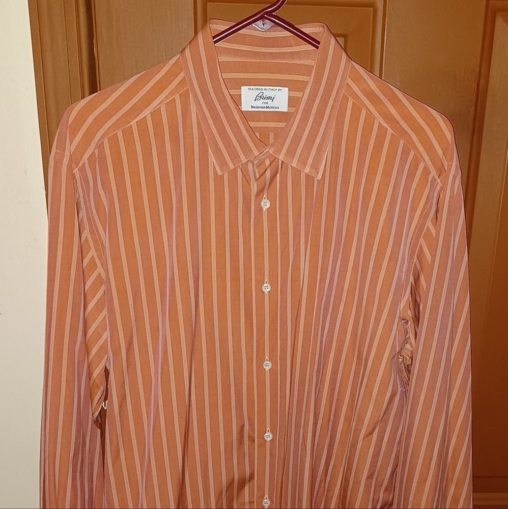 Mens Brioni For Neiman Marcus Peach Color Striped Shirt  L/17